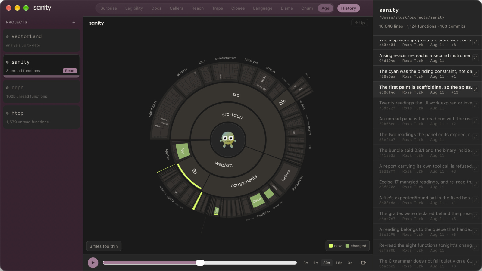 History mode in the dark theme, mid-replay.